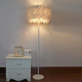 Modern Drum Bedside Floor Lamp - Feather 1-Light, White (with/without Crystal Drop)