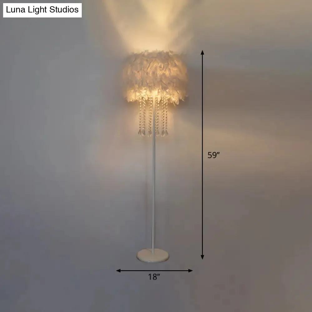 Modern Drum Bedside Floor Lamp - Feather 1-Light, White (with/without Crystal Drop)