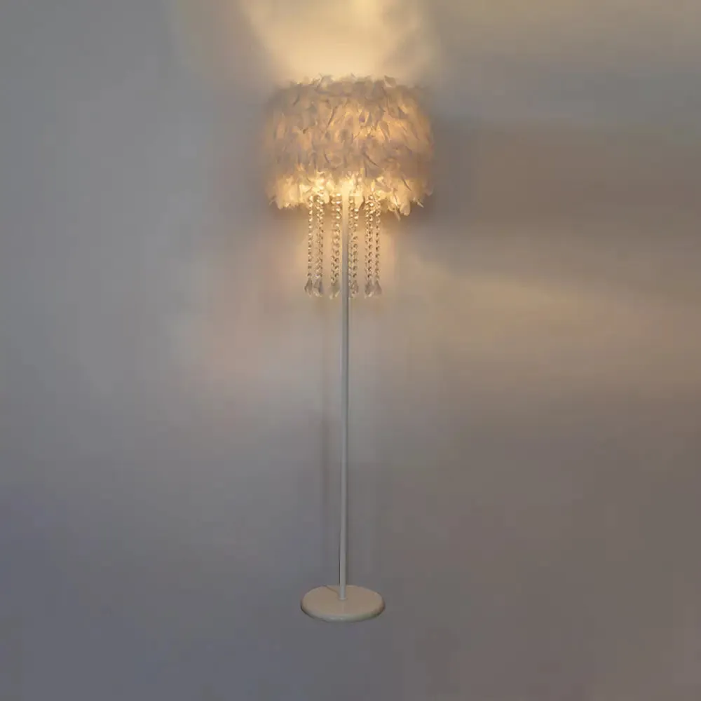 Modern Drum Bedside Floor Lamp - Feather 1-Light, White (with/without Crystal Drop)