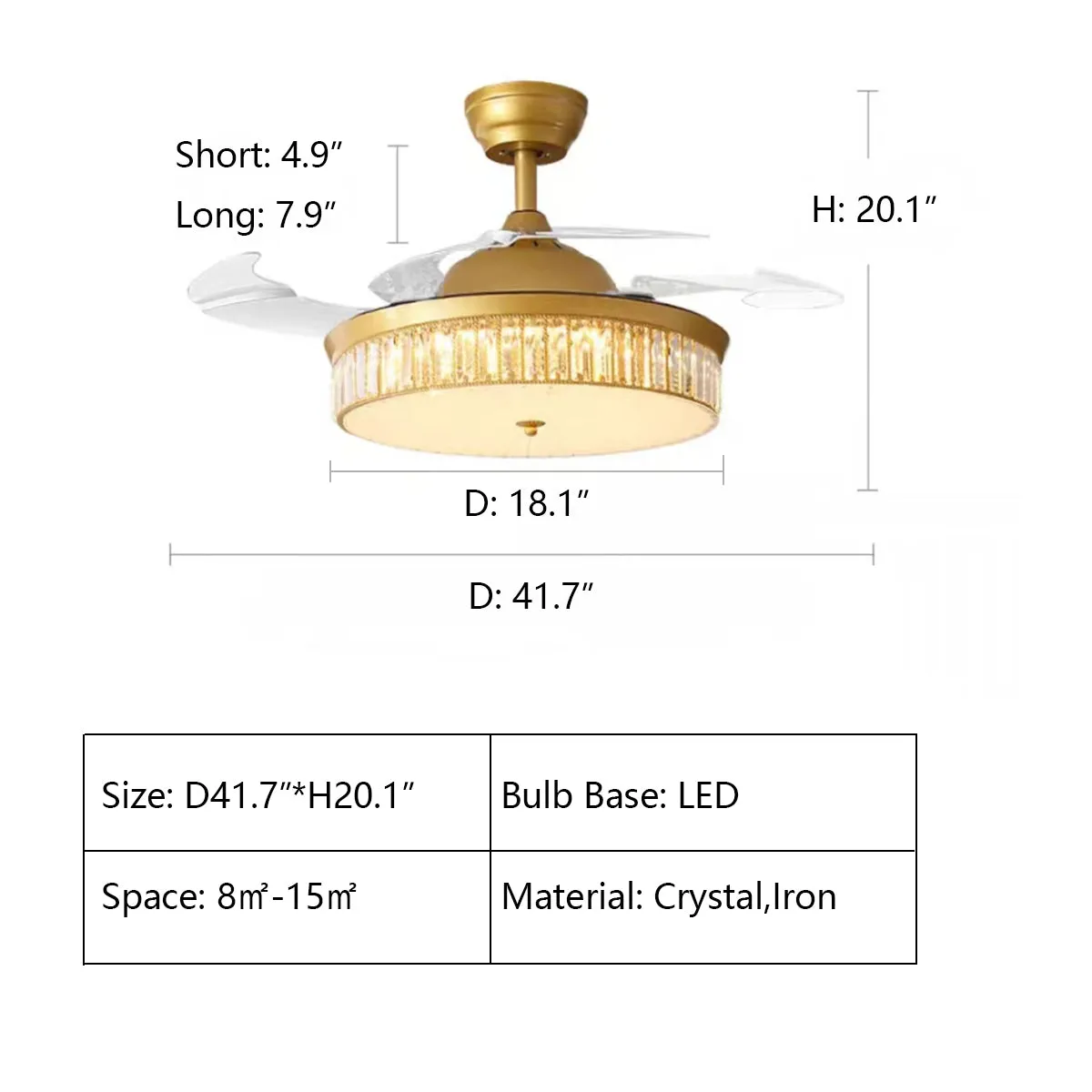 Modern Light Luxury Crystal Ceiling Fan Light Invisible Fan Light for Living/Dining Room