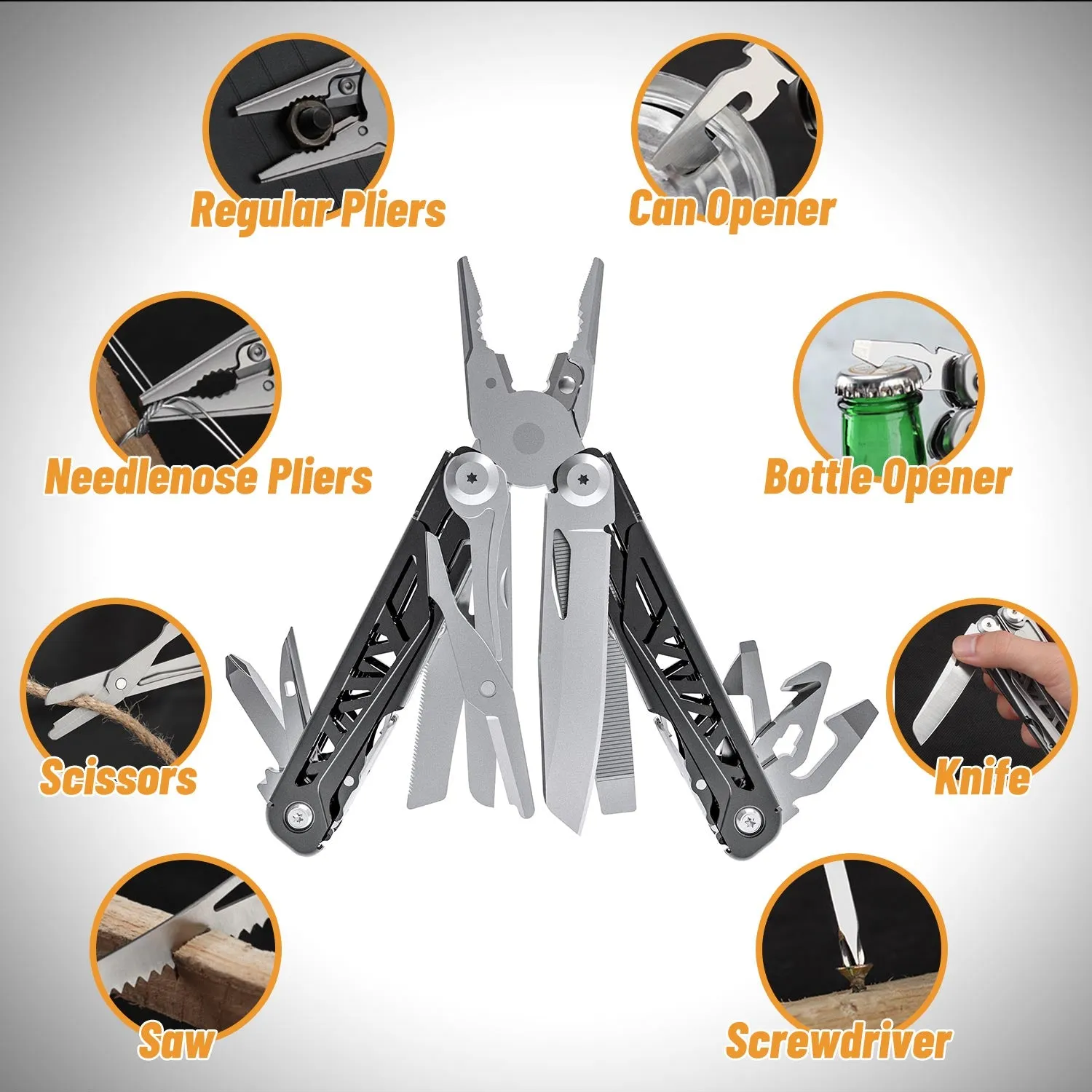 Multitool Pliers, AllynX 17-in-1 Black Pocket Multi-Pliers, Needle Nose Pliers, Spring-Action Pliers Scissors, Replaceable Wire Cutters, Stainless Steel, Camping Hiking Gear, Birthday gift for men