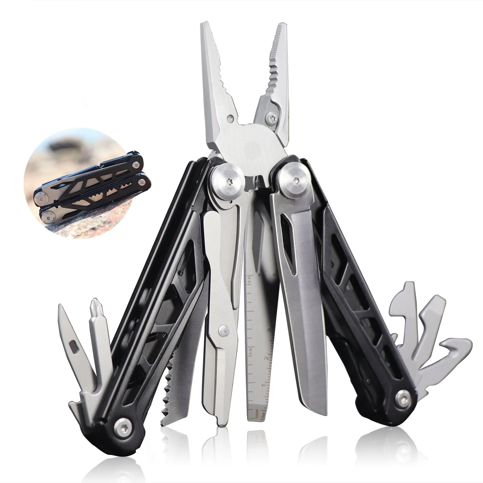 Multitool Pliers, AllynX 17-in-1 Black Pocket Multi-Pliers, Needle Nose Pliers, Spring-Action Pliers Scissors, Replaceable Wire Cutters, Stainless Steel, Camping Hiking Gear, Birthday gift for men