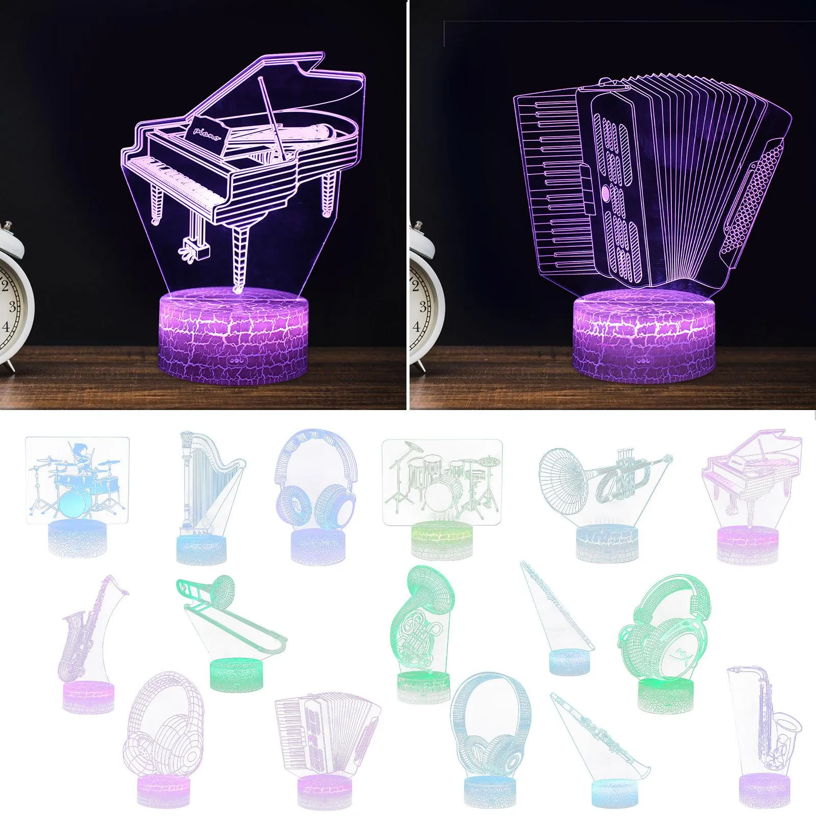 Musical Instrument 3D Night Light LED Colorful 16-Color Remote Control Desk Lamp