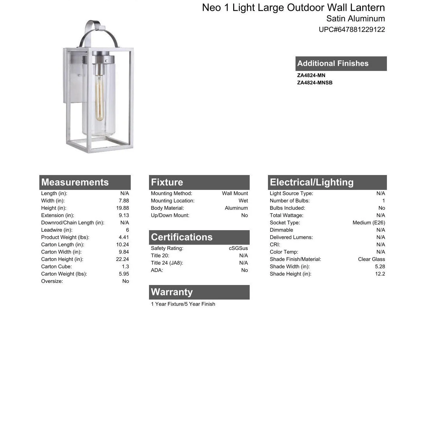 Neo 1 Light Large Outdoor Wall Lantern in Satin Aluminum