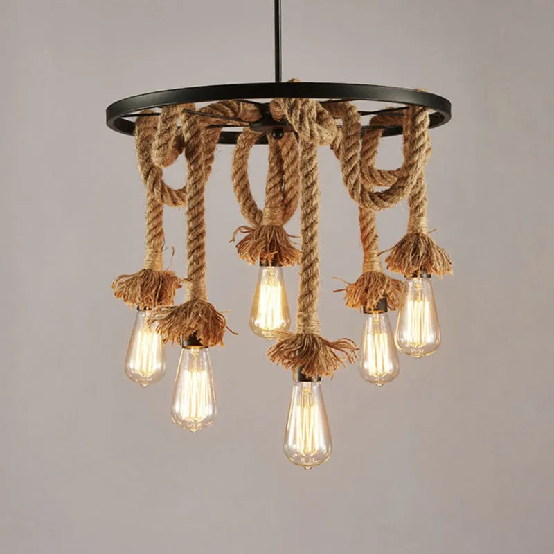 Retro Industrial Wagon Wheel Chandelier with Suspension Rope - Perfect for Restaurants