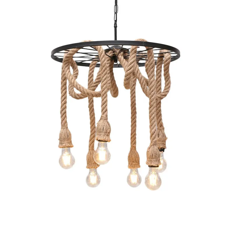 Retro Industrial Wagon Wheel Chandelier with Suspension Rope - Perfect for Restaurants