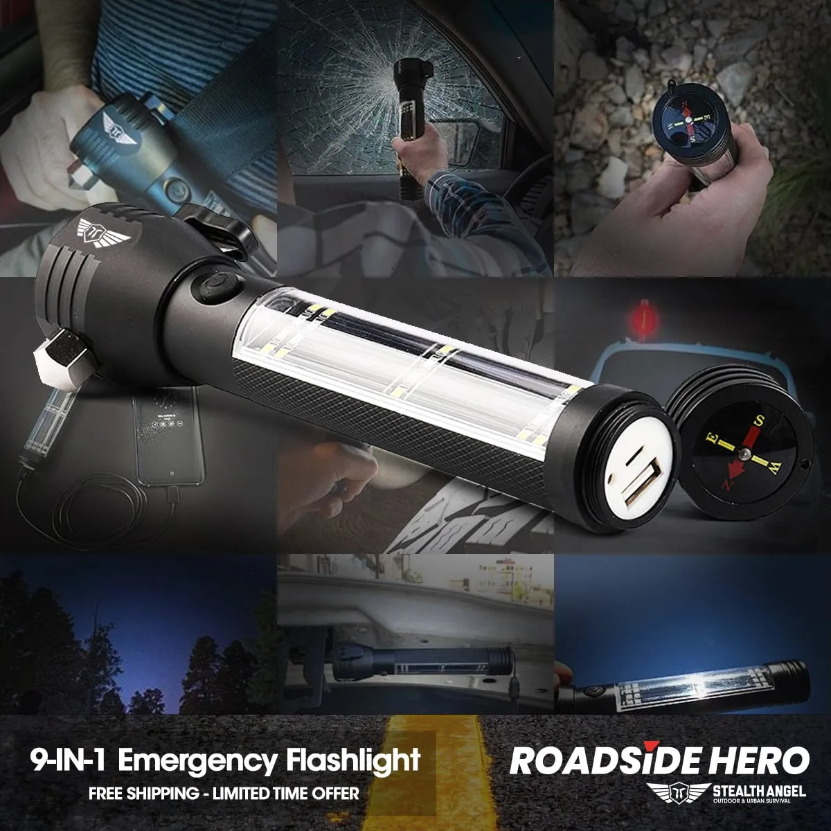 Roadside HERO ™ 9-IN-1 Multi-Function Flashlight / Survival Tool / Power Bank / Solar & USB