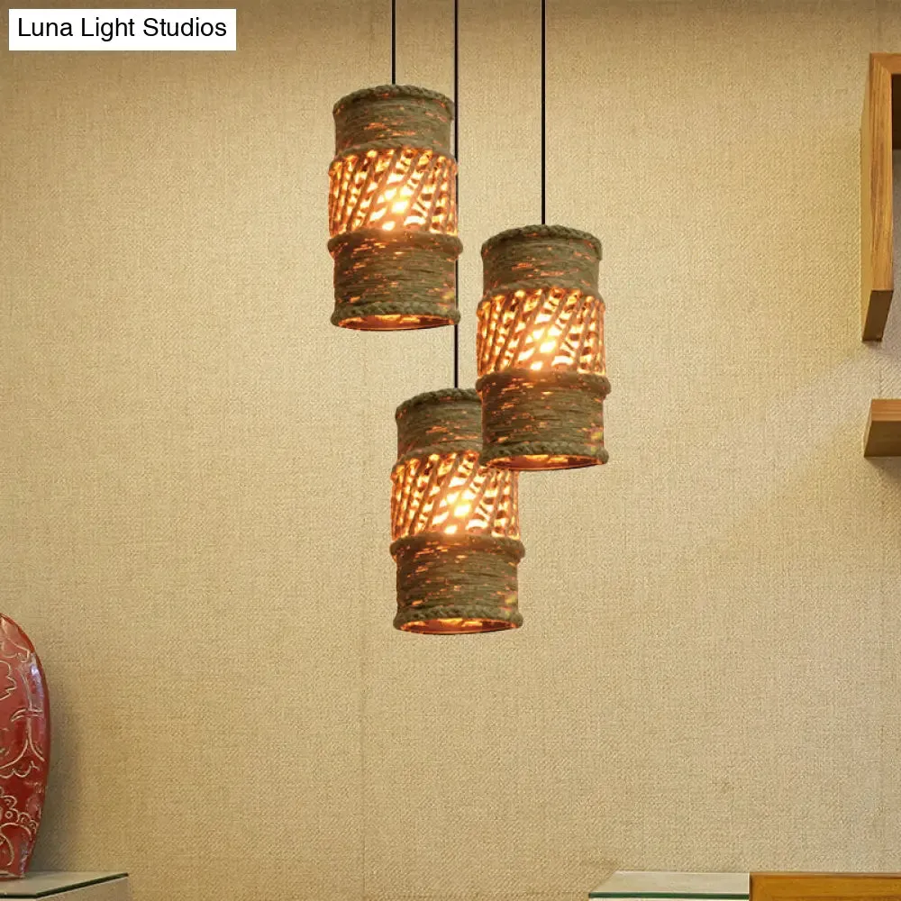 Rustic 3-Head Pendant Ceiling Light with Beige Rope Shades - Farmhouse Restaurant Cluster Lamp