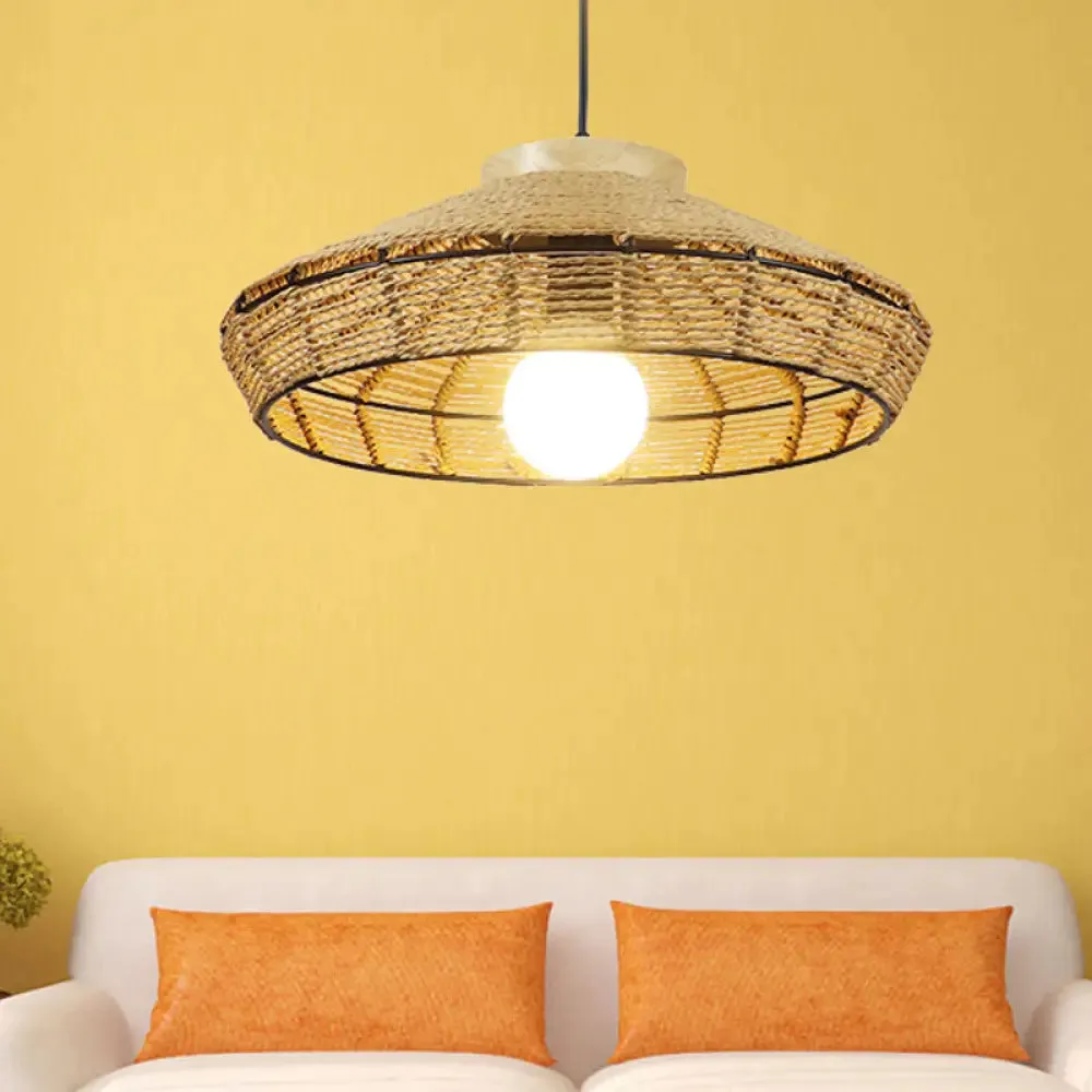 Rustic Beige Pendant Lamp for Living Room and Restaurant - Single Head Hanging Light with Straw Rope Barn Shade