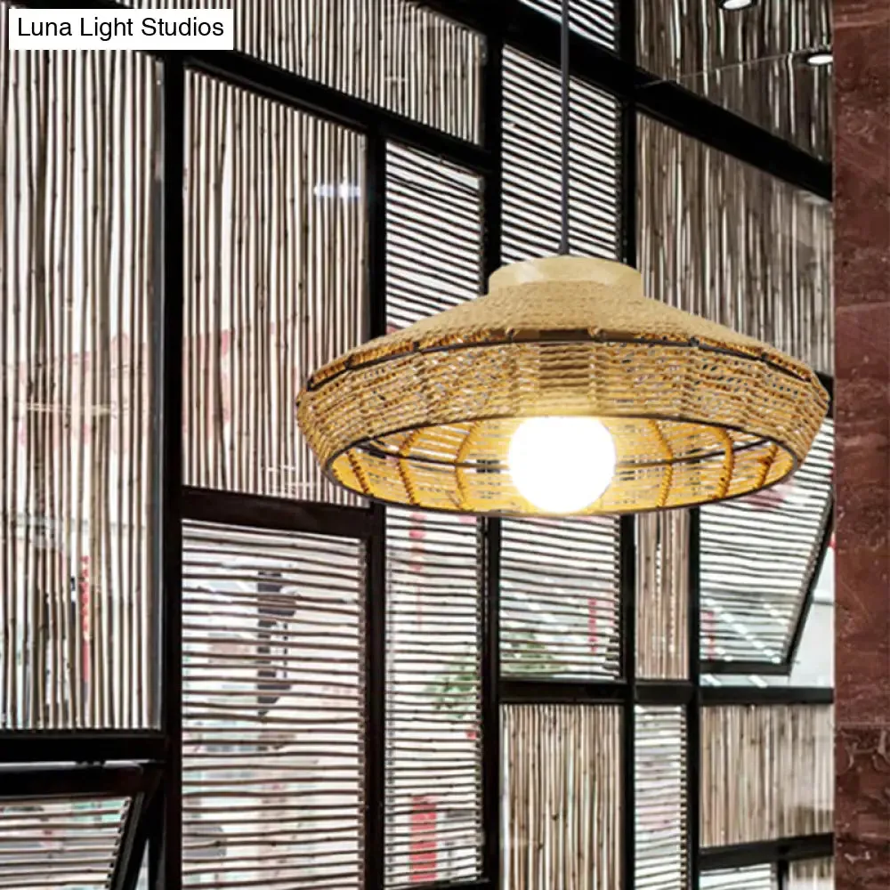 Rustic Beige Pendant Lamp for Living Room and Restaurant - Single Head Hanging Light with Straw Rope Barn Shade