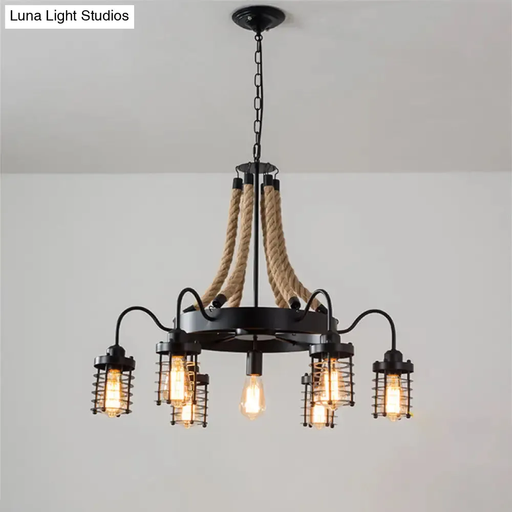 Rustic Black Metal Chandelier with 7/9 Cylinder Cage Heads and Rope Suspension