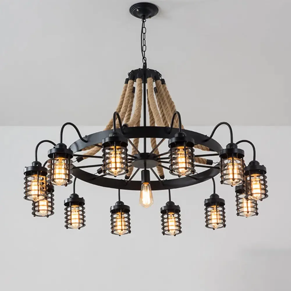 Rustic Black Metal Chandelier with 7/9 Cylinder Cage Heads and Rope Suspension