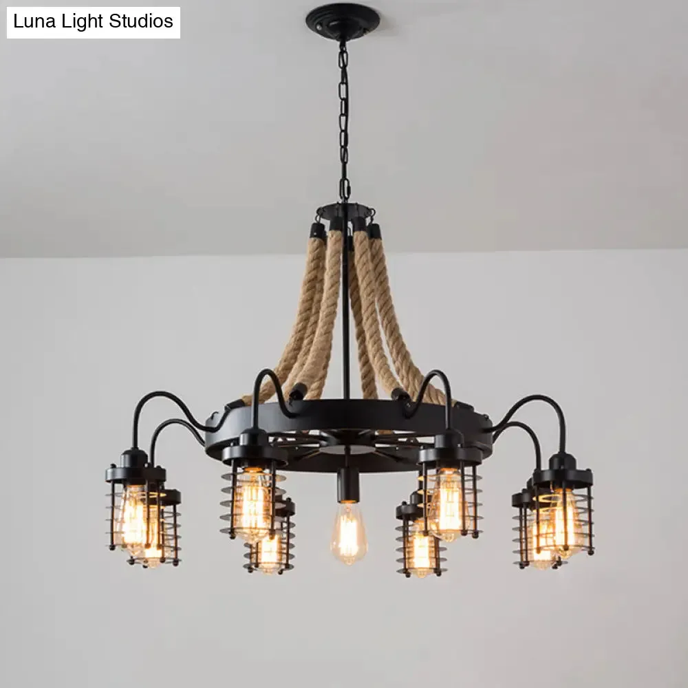 Rustic Black Metal Chandelier with 7/9 Cylinder Cage Heads and Rope Suspension