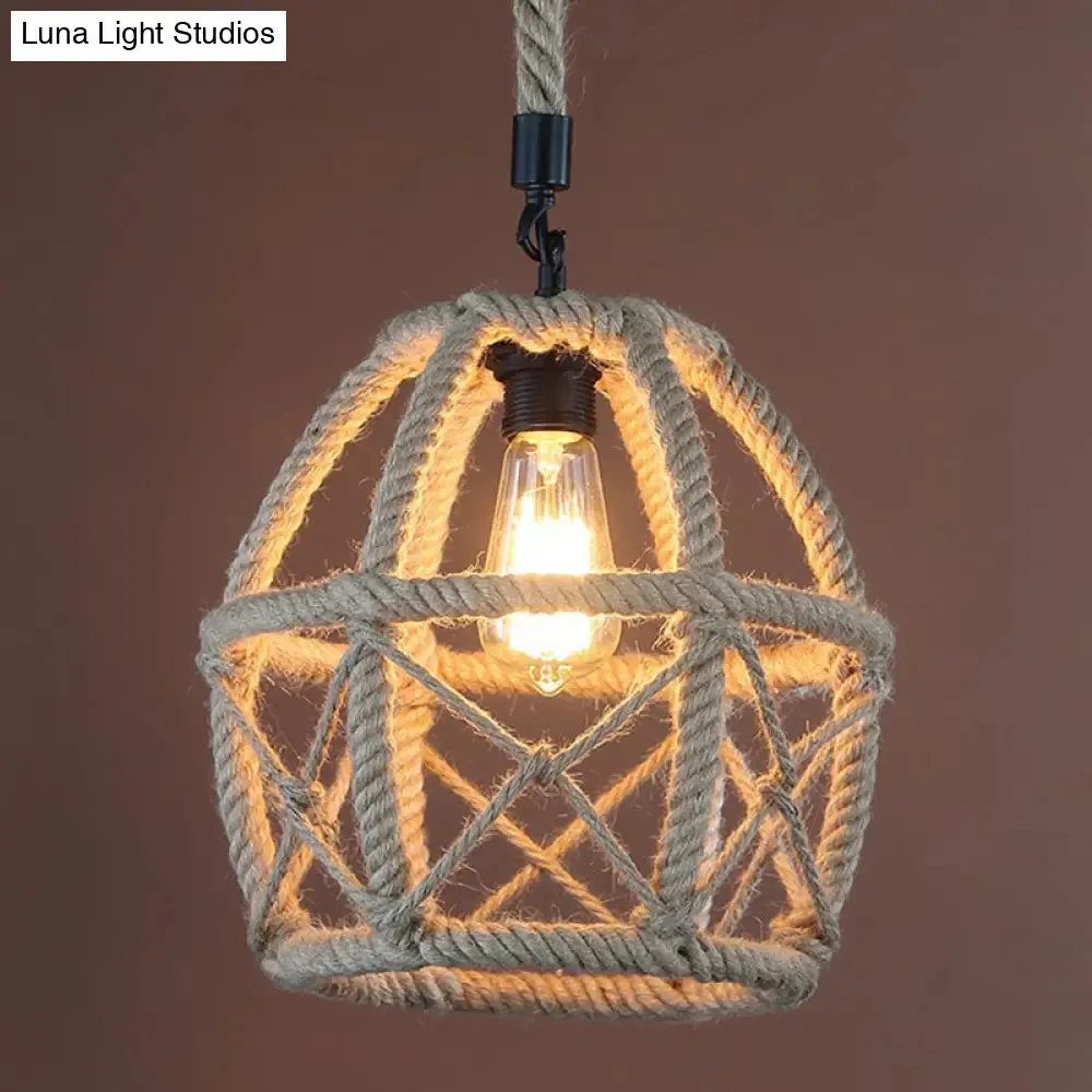 Rustic Flared Pendant Lamp with Natural Rope Suspension - Single-Bulb Light Fixture in Black/Brown