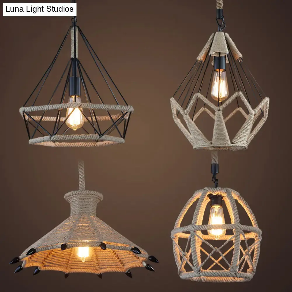 Rustic Flared Pendant Lamp with Natural Rope Suspension - Single-Bulb Light Fixture in Black/Brown