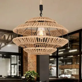 Rustic Hemp Roped Ceiling Light Basket - Brown, 1-Light Suspension Pendant for Dining Room