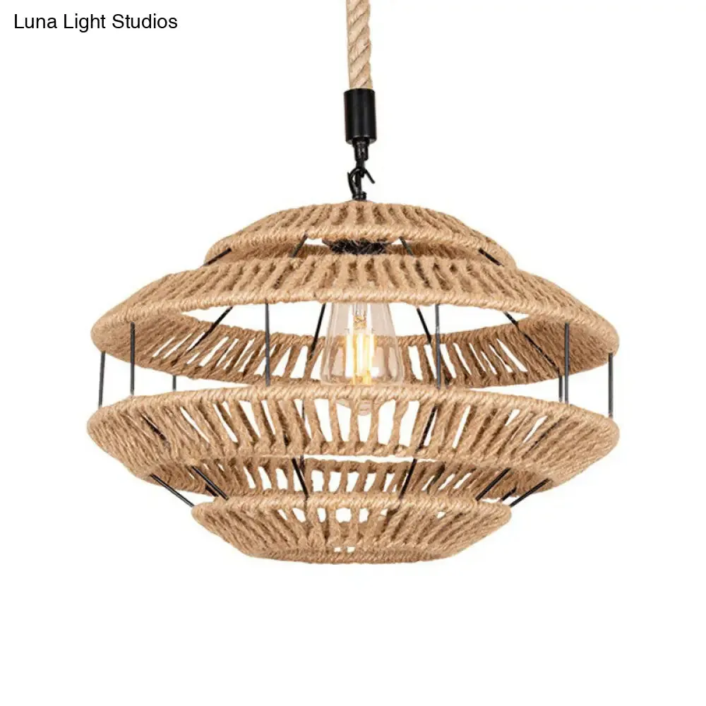 Rustic Hemp Roped Ceiling Light Basket - Brown, 1-Light Suspension Pendant for Dining Room