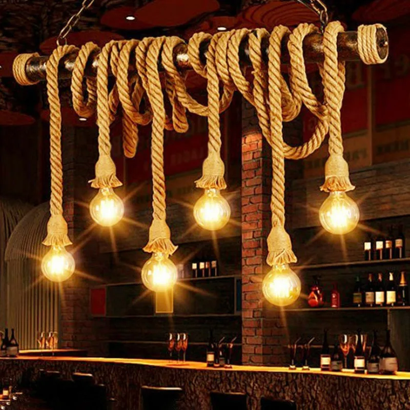 Rustic Jute Rope Island Pendant Light for Wine Bar - 4/6 Lights, Farmhouse Style, Linear Design