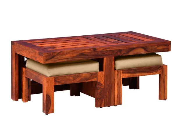 Sheesham Wood Coffee table with 2 stools