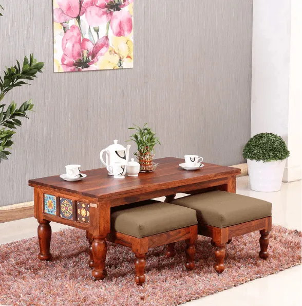 Sheesham Wood Coffee Table with Two Stools (Walnut Finish)