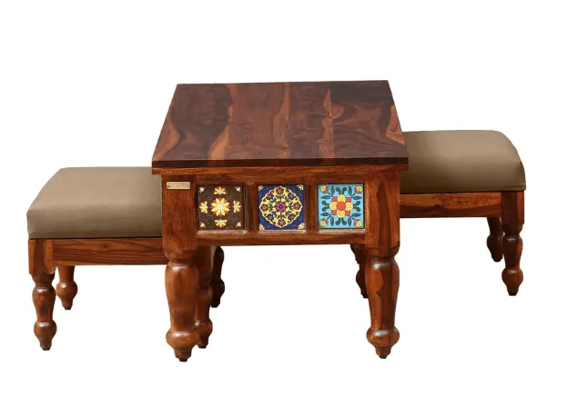 Sheesham Wood Coffee Table with Two Stools (Walnut Finish)