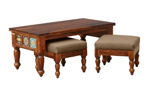 Sheesham Wood Coffee Table with Two Stools (Walnut Finish)