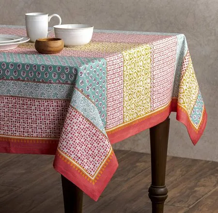 Sicilia : Anti Skid & Water resistant Linen textured table cloth for dining table, table cover for center table  - Multicolor Block