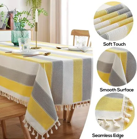 Sicilia : Anti Skid & Water resistant Linen textured table cloth for dining table, table cover for center table  - Vertical Yellow