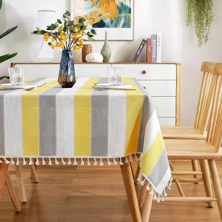 Sicilia : Anti Skid & Water resistant Linen textured table cloth for dining table, table cover for center table  - Vertical Yellow