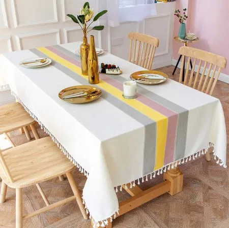 Sicilia : Anti Skid & Water resistant Linen textured table cloth for dining table, table cover for center table  -Yellow Grey