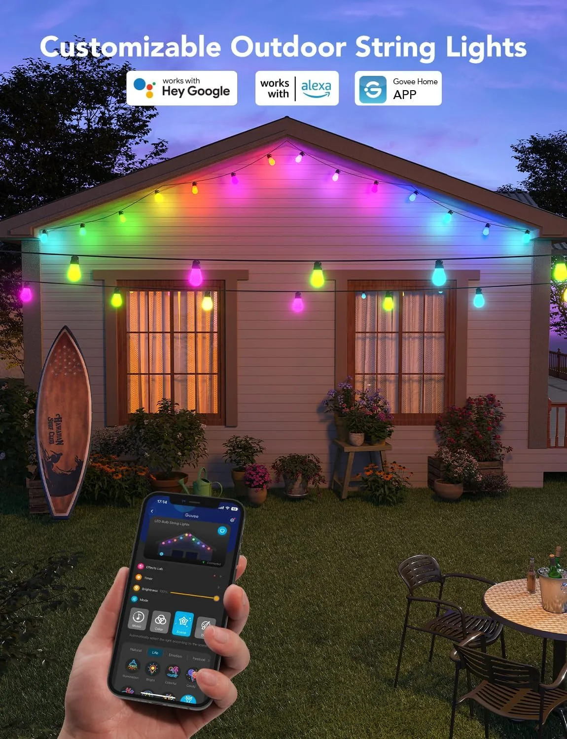 Smart Outdoor String Lights H7021, RGBIC Warm White 96Ft (2 Ropes of 48Ft) LED Bulbs for Halloween Decorations, Christmas, Wifi Patio Lights Work with Alexa, Google, APP Control, IP65 Waterproof