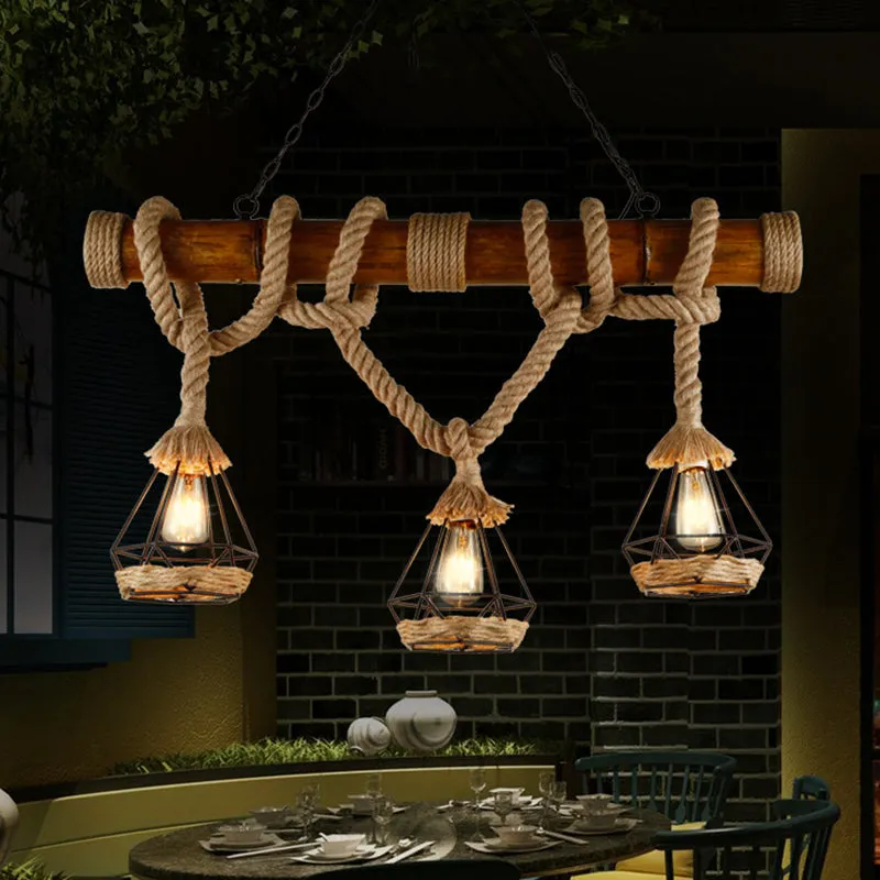 Sophie's Rustic 3-Light Island Pendant with Beige Hemp Rope Shade for Restaurant Suspension Light