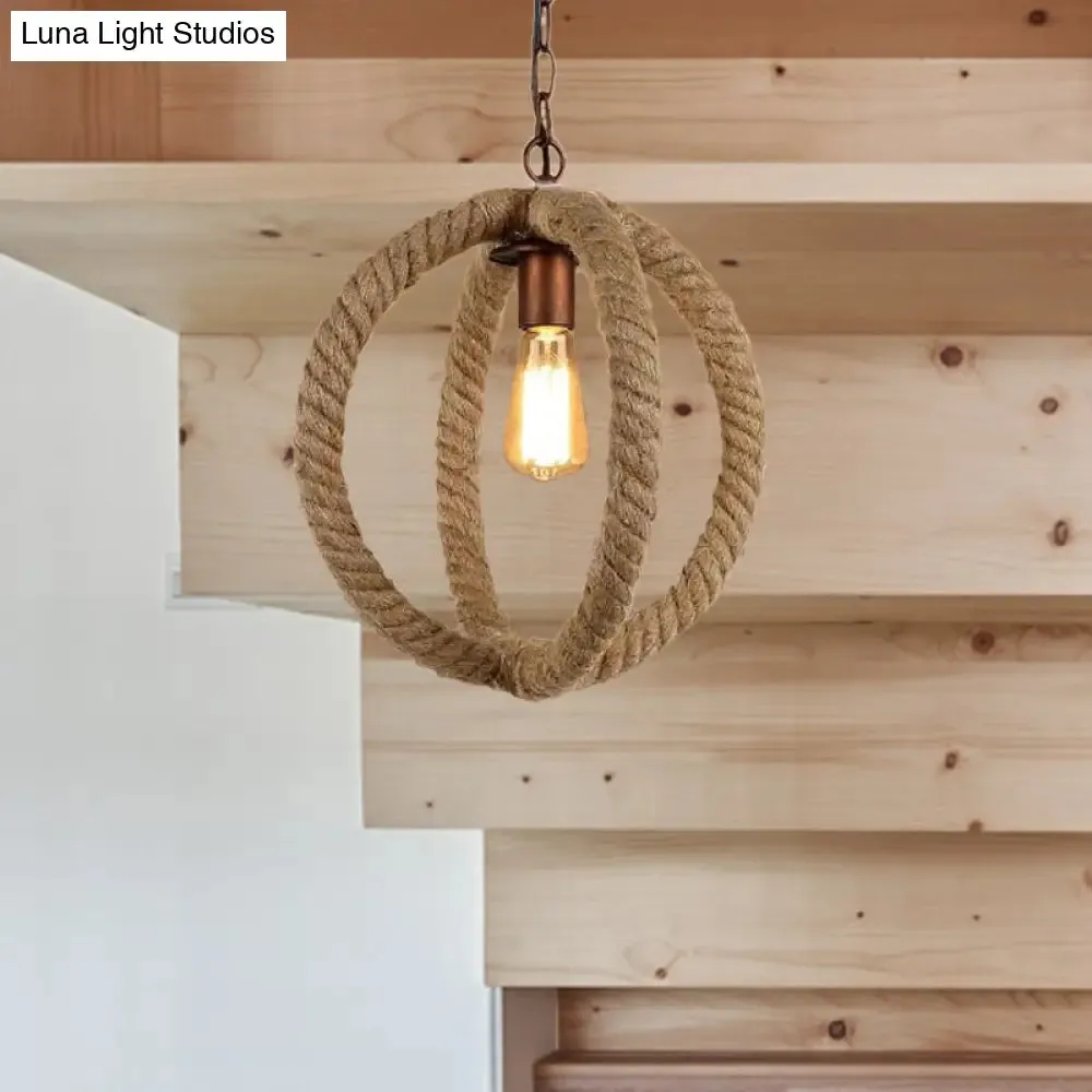 Spherical Hemp Rope Pendant Light: Industrial Chic Kitchen Ceiling Fixture in Beige