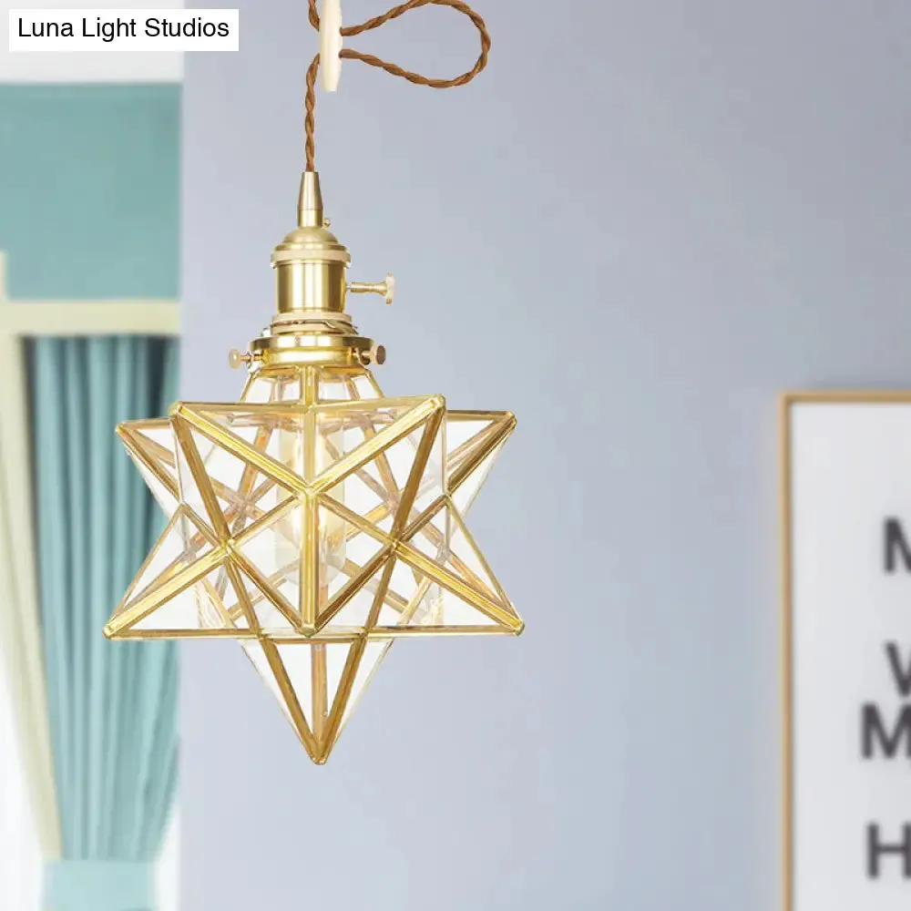 Star Shaped Pendant Light: Postmodern Clear/Frosted Glass with Brass Brass Hanging Kit & Adjustable Rope