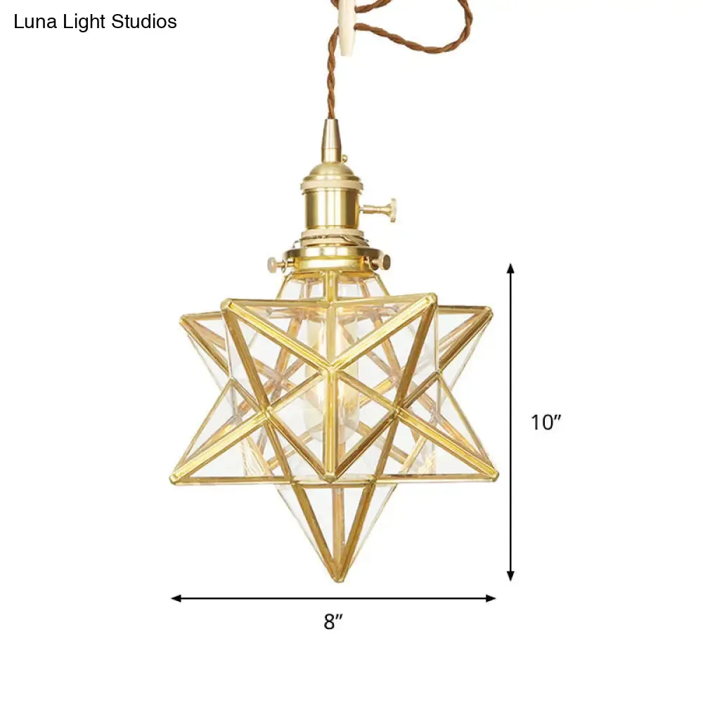 Star Shaped Pendant Light: Postmodern Clear/Frosted Glass with Brass Brass Hanging Kit & Adjustable Rope