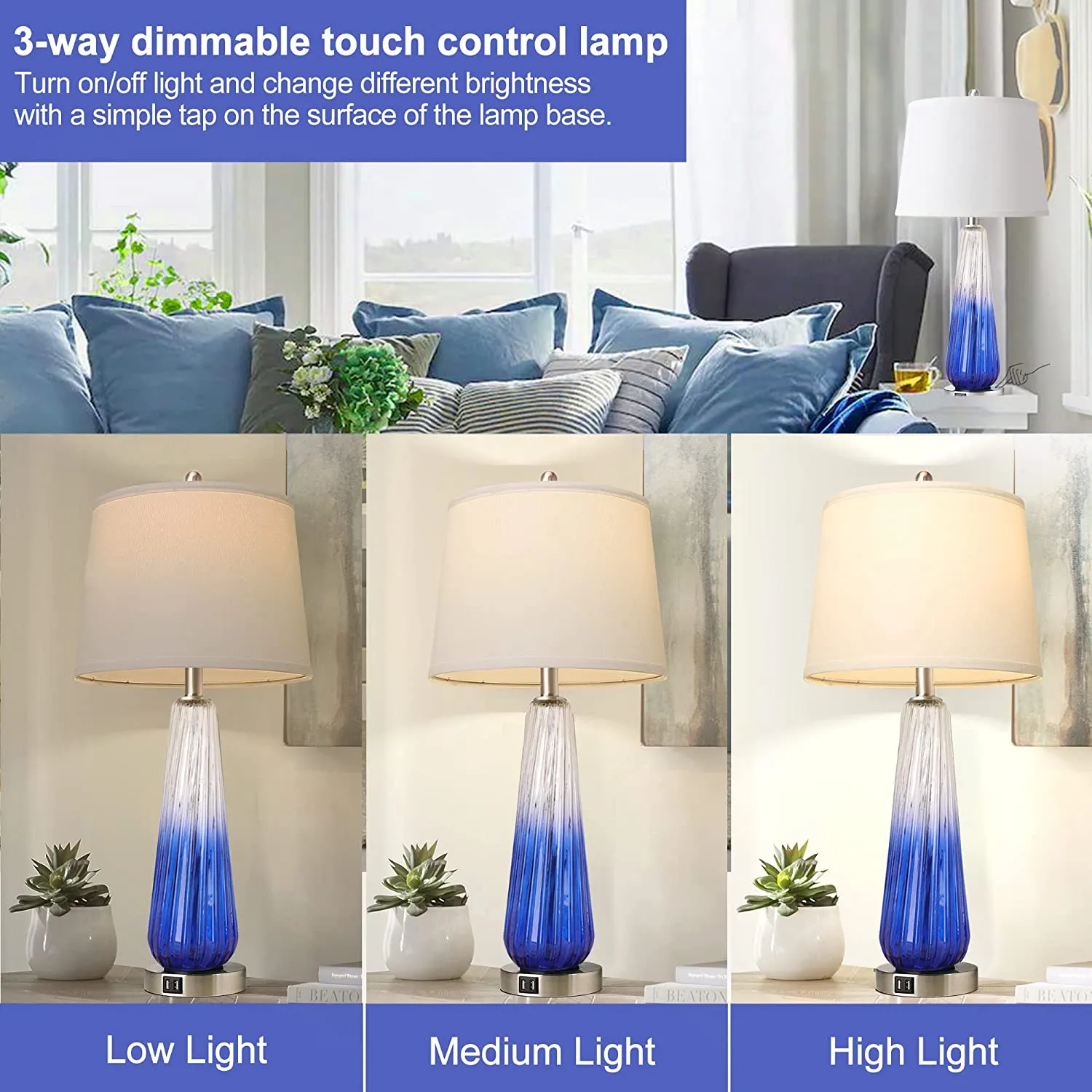 Table Lamps Set of 2 with Touch Control, 3-Way Dimmable