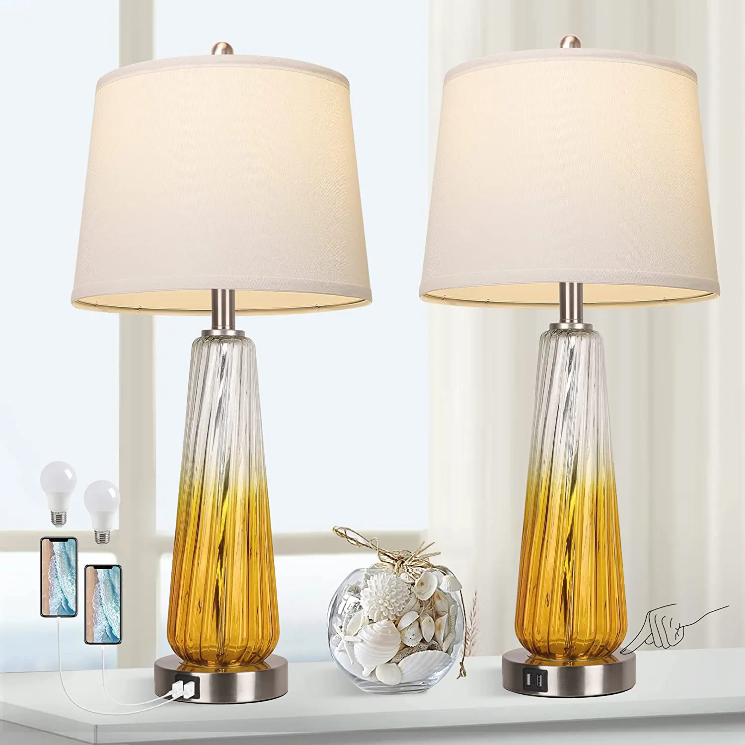 Table Lamps Set of 2 with Touch Control, 3-Way Dimmable