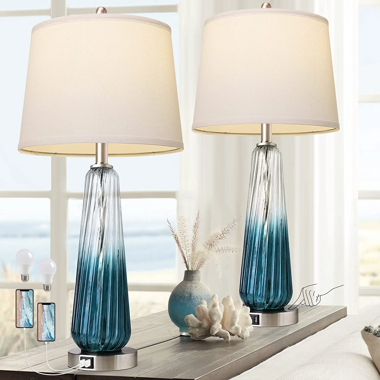 Table Lamps Set of 2 with Touch Control, 3-Way Dimmable