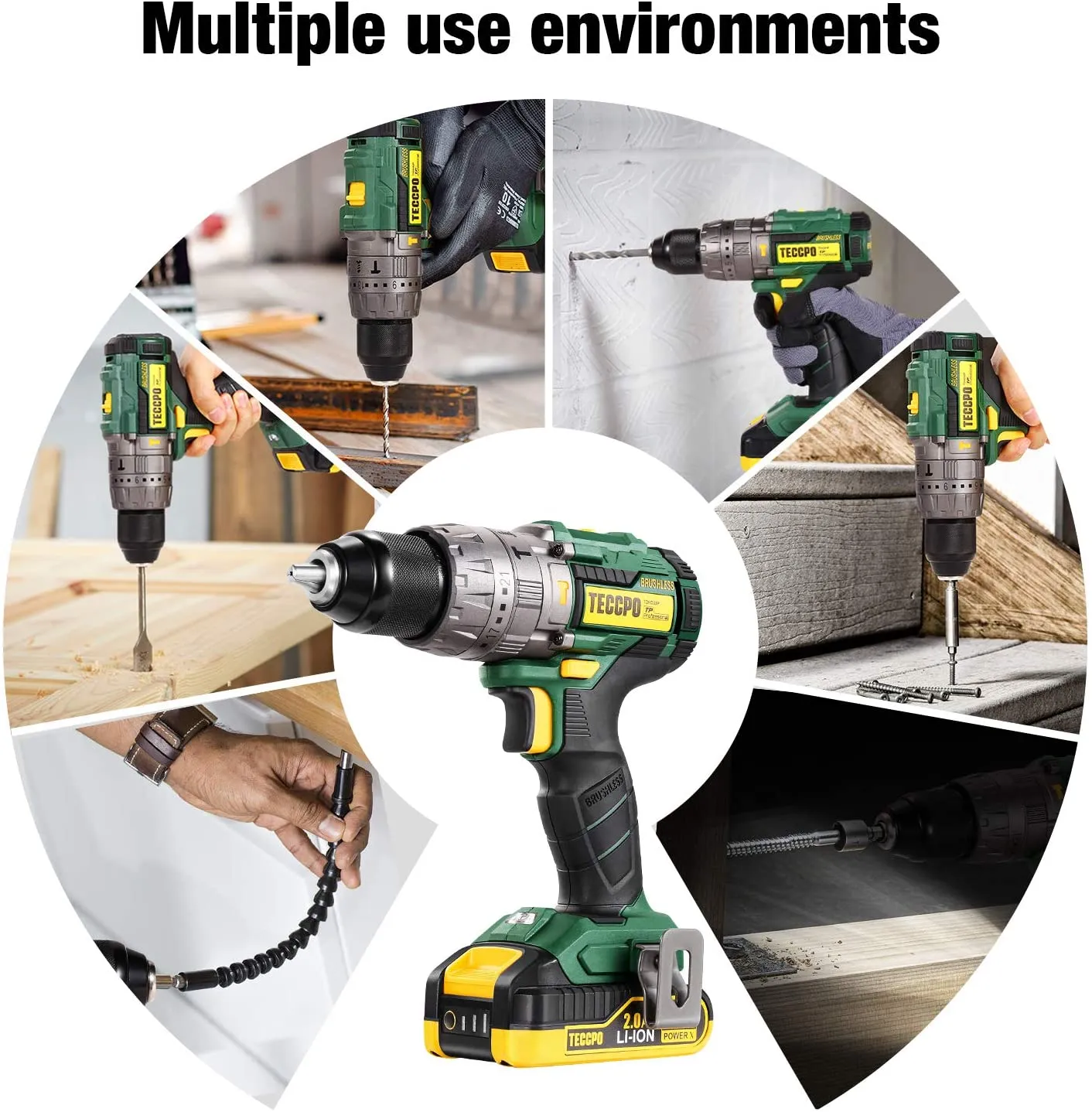 TECCPO 60Nm Brushless Cordless Drill, 18V Hammer Drill, 13mm Chuck, 2 * 2.0Ah Batteries, 30min Quick Charger, 35pcs Accessories, Variable Speed-TDHD02P