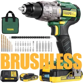 TECCPO 60Nm Brushless Cordless Drill, 18V Hammer Drill, 13mm Chuck, 2 * 2.0Ah Batteries, 30min Quick Charger, 35pcs Accessories, Variable Speed-TDHD02P