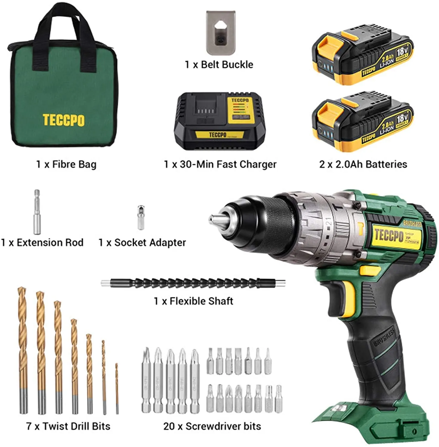 TECCPO 60Nm Brushless Cordless Drill, 18V Hammer Drill, 13mm Chuck, 2 * 2.0Ah Batteries, 30min Quick Charger, 35pcs Accessories, Variable Speed-TDHD02P