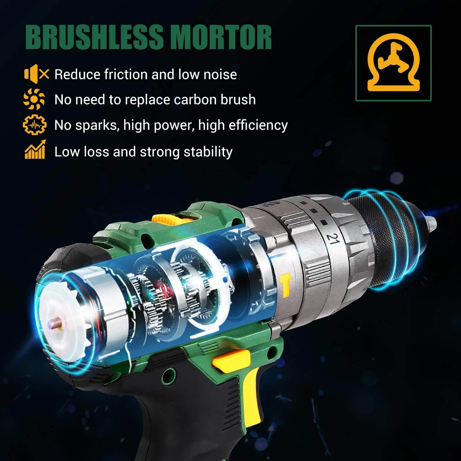 TECCPO 60Nm Brushless Cordless Drill, 18V Hammer Drill, 13mm Chuck, 2 * 2.0Ah Batteries, 30min Quick Charger, 35pcs Accessories, Variable Speed-TDHD02P