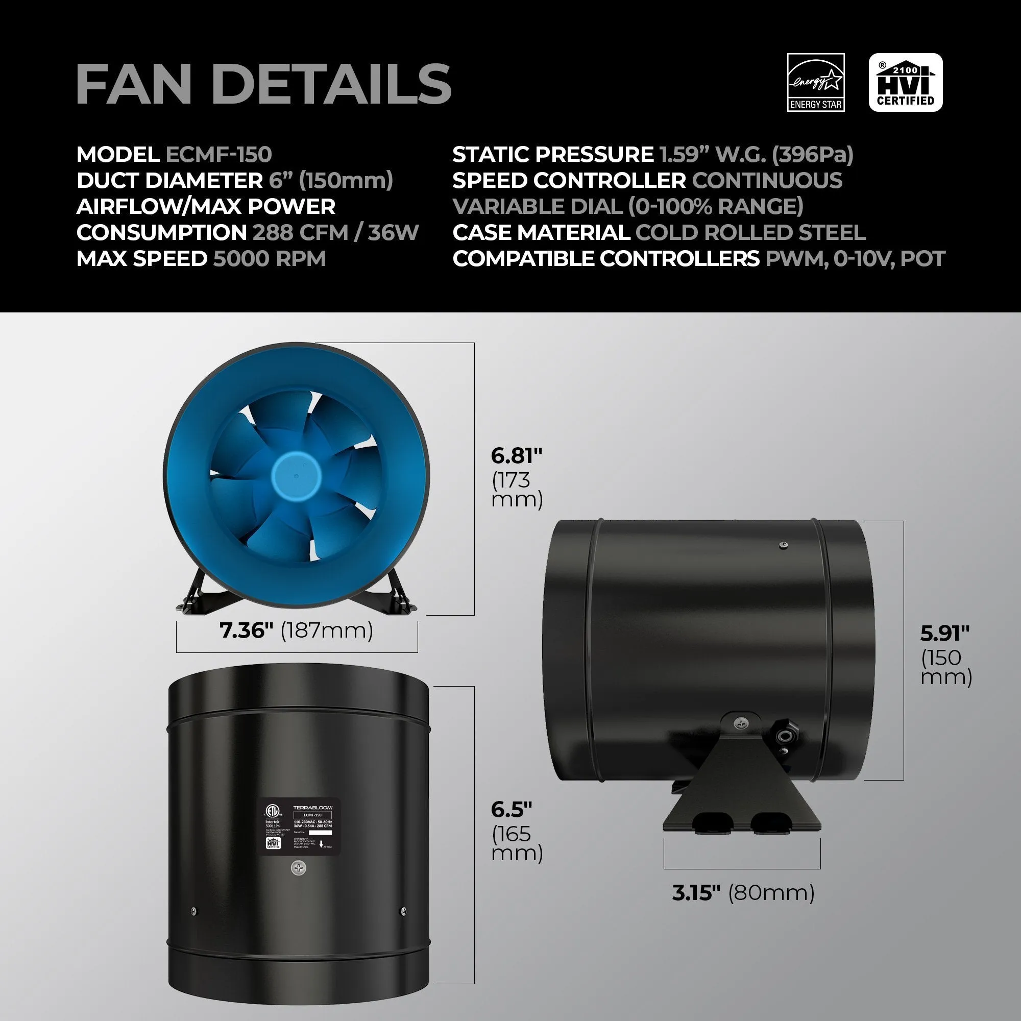 TerraBloom 6" EC Inline Duct Fan with Variable Speed Controller, ECMF-150, 288 CFM, 36W