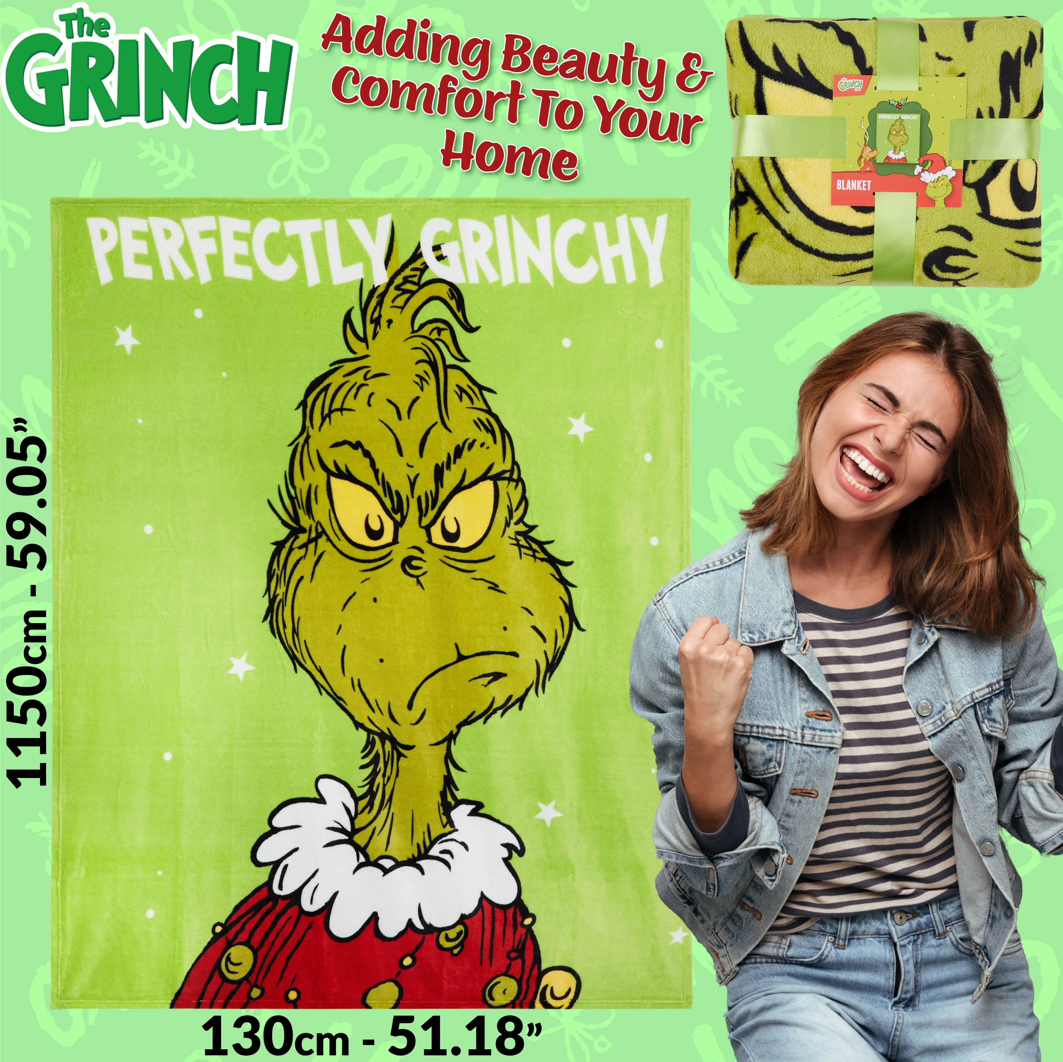 The Grinch Fleece Bed Blanket, Soft Bed Throw 150 x 130cm - Festive Gifts