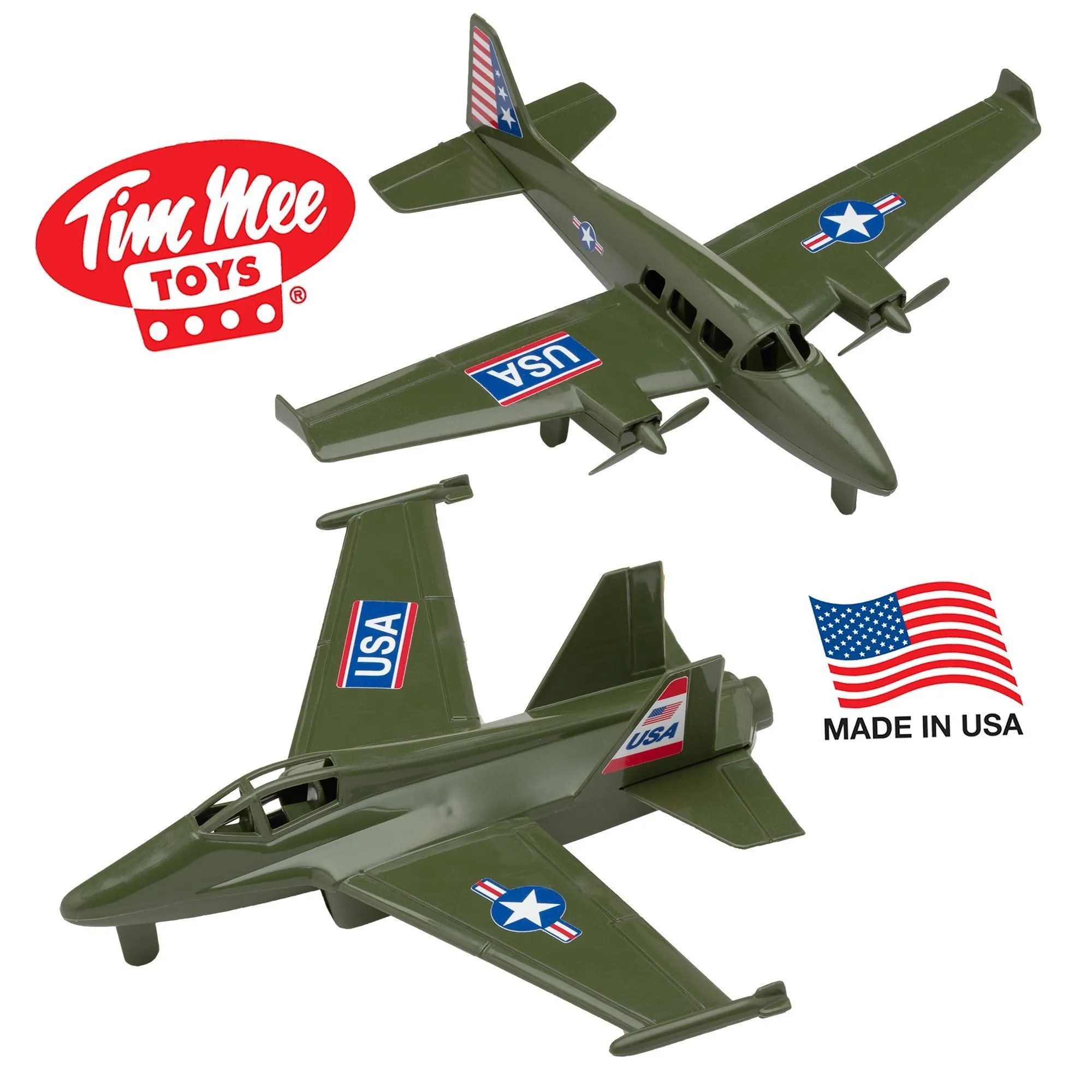 TimMee Prop Plane and Fighter Jet - 2pc Olive Green Plastic Army Men Air Support