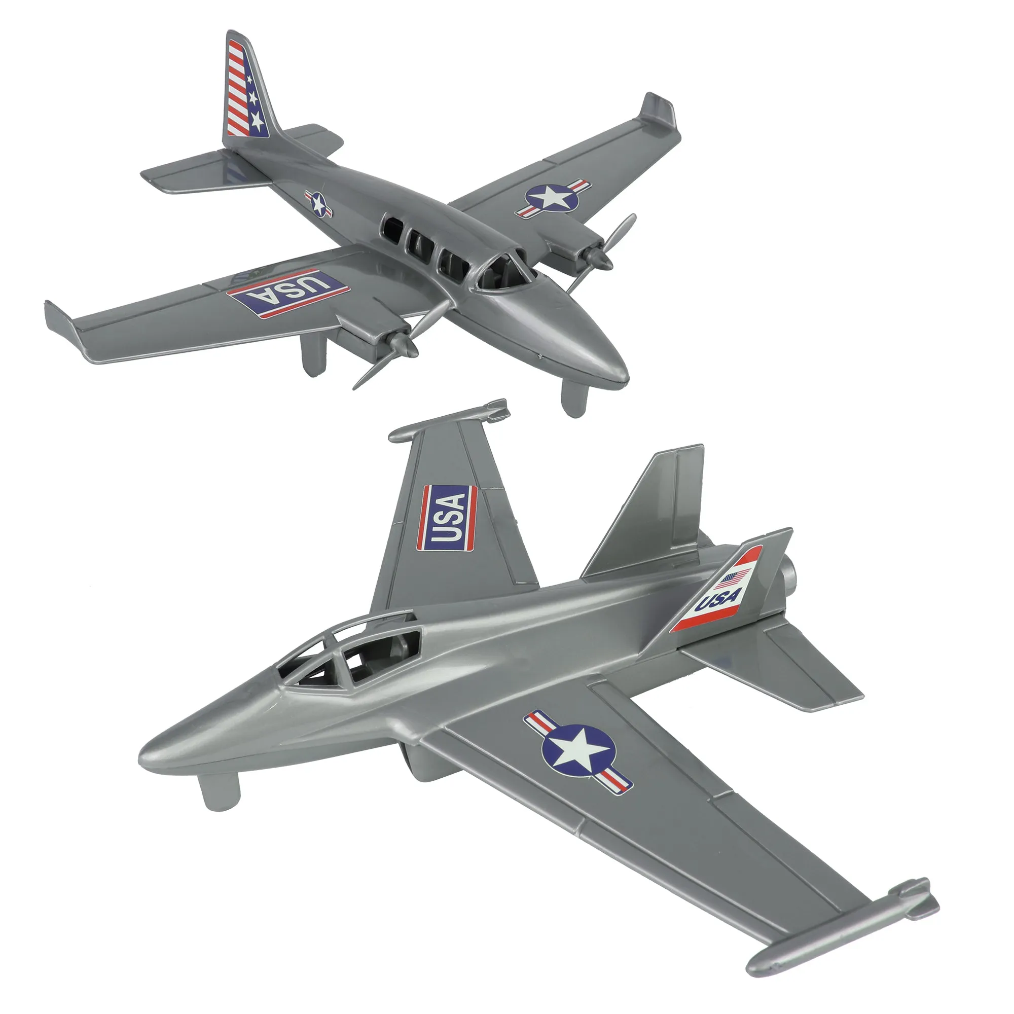 TimMee Prop Plane and Fighter Jet - 2pc Silver Gray Plastic Army Men Air Support