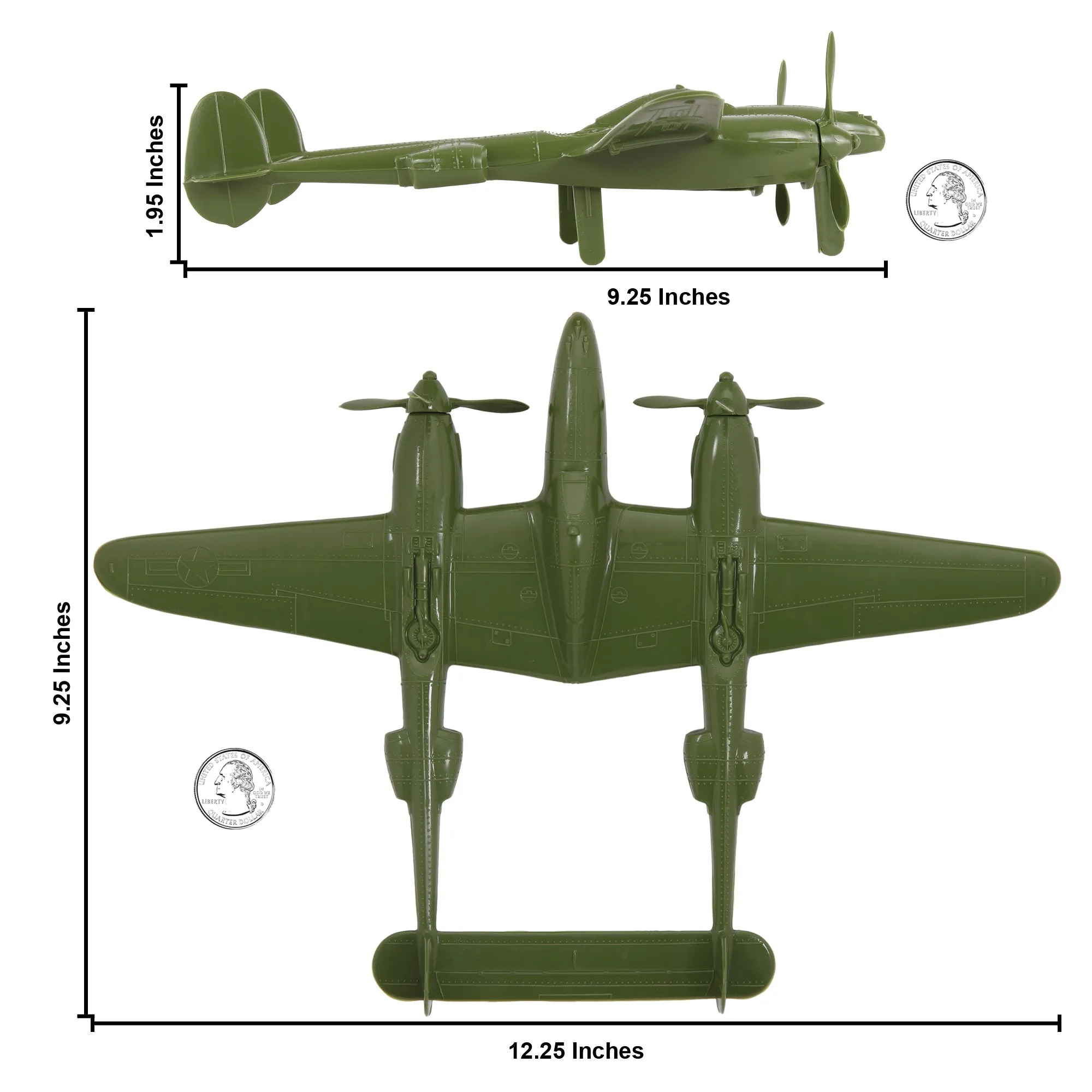 TimMee WW2 P-38 Lightning Fighter Plane - 2pc OD Green Plastic Army Men Aircraft