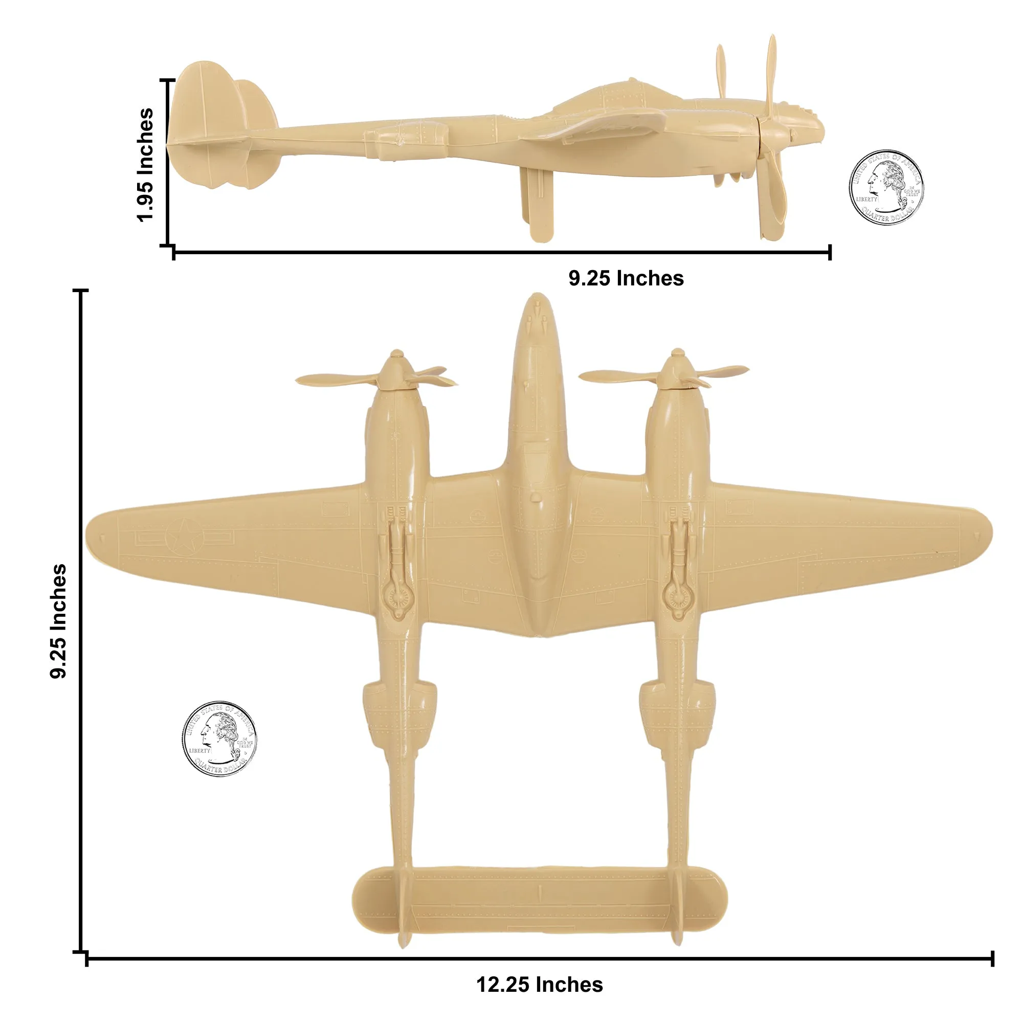 TimMee WW2 P-38 Lightning Fighter Plane - 2pc Tan Plastic Army Men Aircraft