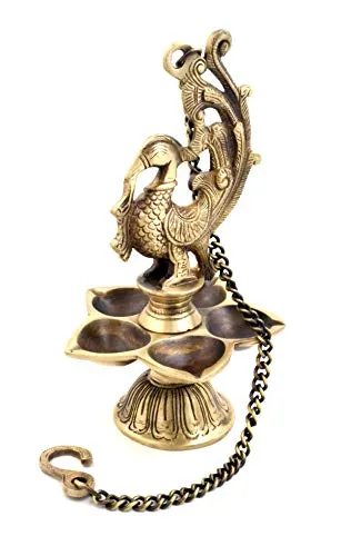 Two Moustaches Peacock Design Five Wick Brass Oil Lamp Hanging Diya | Home Decor |