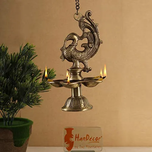 Two Moustaches Peacock Design Five Wick Brass Oil Lamp Hanging Diya | Home Decor |